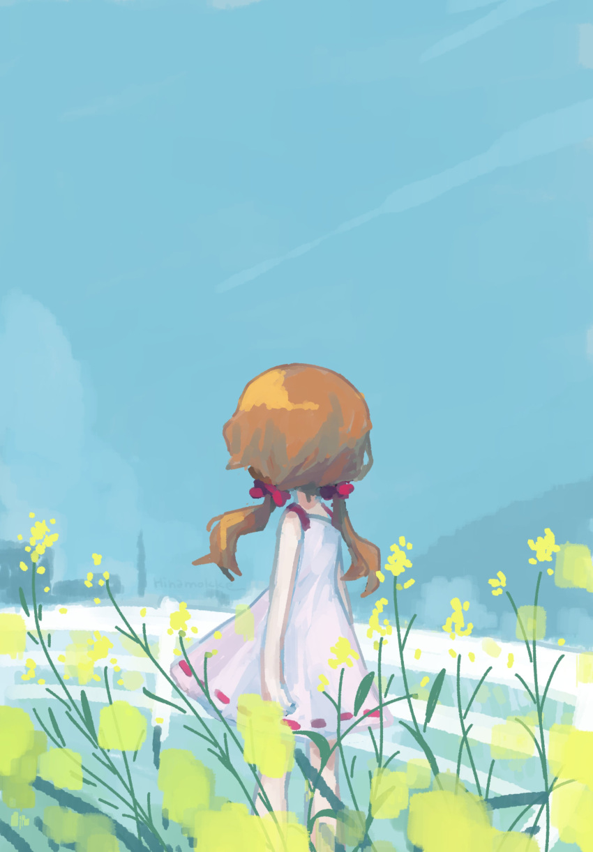 1girl absurdres arms_at_sides blue_sky bow brown_hair commentary day dress facing_away feet_out_of_frame fence floating_hair flower from_behind hair_bow highres kubimogehina long_hair looking_afar low_twintails makitsuki mountainous_horizon multiple_hair_bows outdoors red_bow short_dress sky sleeveless sleeveless_dress solo spaghetti_strap standing sundress twintails white_dress yellow_flower yume_tagai