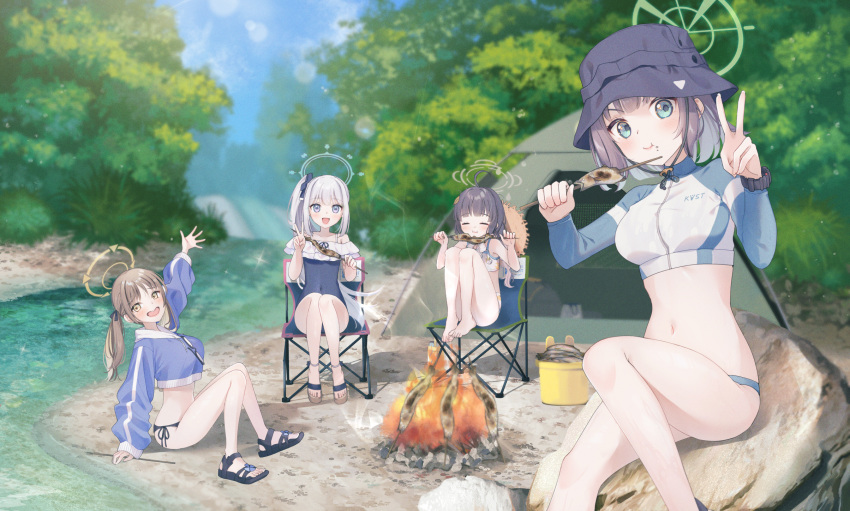 animal_ear_headphones animal_ears blue_archive blue_halo blue_one-piece_swimsuit camping cooking covered_navel fake_animal_ears fish frilled_one-piece_swimsuit frills grill grilling halo headphones highres kurape_(pat1na) miyako_(blue_archive) miyako_(swimsuit)_(blue_archive) miyu_(swimsuit)_(blue_archive) off-shoulder_one-piece_swimsuit off_shoulder one-piece_swimsuit rabbit_ear_headphones rabbit_platoon_(blue_archive) saki_(swimsuit)_(blue_archive) swimsuit