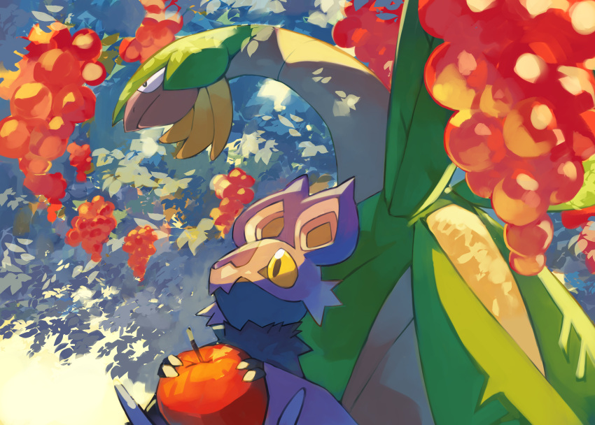 absurdres apple black_eyes closed_mouth commentary_request day food from_below fruit gara_(qbeuxvii22) highres no_humans noibat outdoors pokemon pokemon_(creature) tropius yellow_eyes