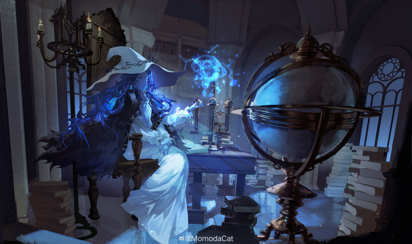 1girl absurdres armillary_sphere black_cape blue_eyes book book_stack candlestand cape chair chinese_commentary closed_mouth commentary_request dress elden_ring extra_arms finger_to_cheek fingernails fire flame full_body hat highres indoors long_hair long_sleeves looking_ahead magic momodacat one_eye_closed ranni_the_witch sitting solo table very_long_hair weibo_logo weibo_username white_dress white_headwear window witch_hat