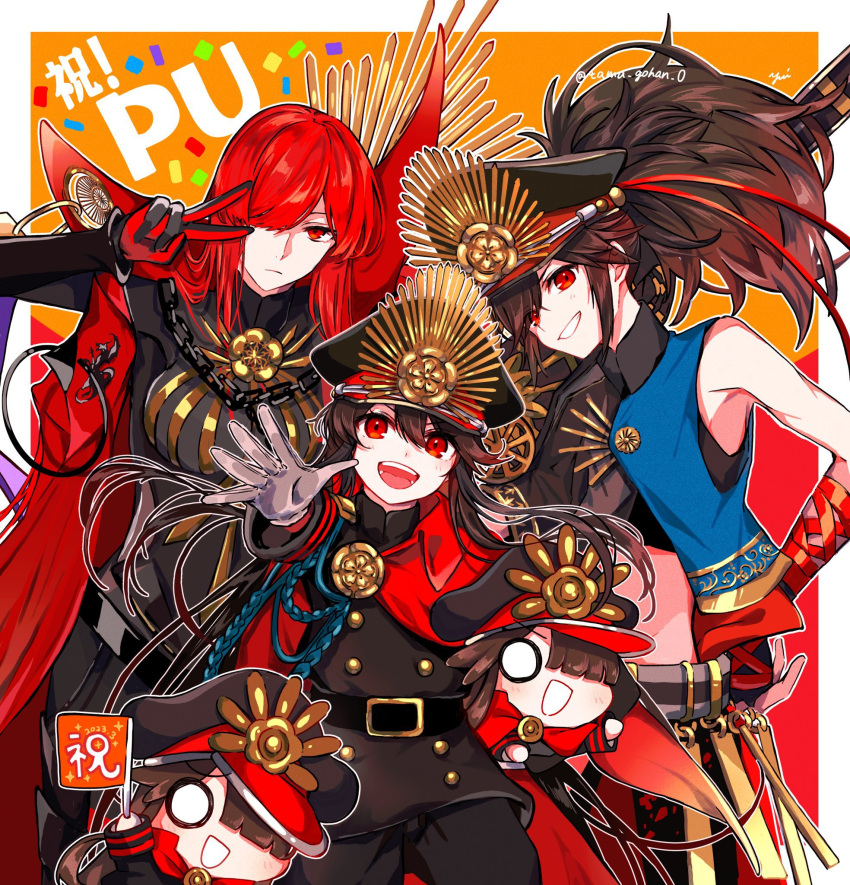 asymmetrical_clothes black_bodysuit bodysuit buster_shirt cape chain cloak collared_cape family_crest fate/grand_order fate_(series) fiery_hair hair_over_one_eye hat hi_(wshw5728) highres long_hair medallion military_hat multiple_persona oda_kippoushi_(fate) oda_nobunaga_(fate) oda_nobunaga_(maou_avenger)_(fate) oda_uri official_alternate_hair_color peaked_cap ponytail red_cape red_cloak red_eyes redhead single_sleeve tight_top