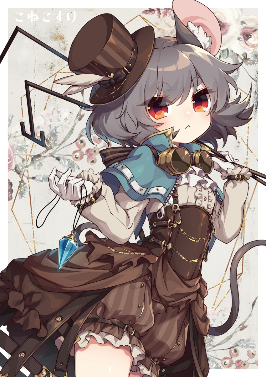 1girl :&lt; adapted_costume animal_ears blue_capelet brown_dress brown_headwear buttons capelet center_frills closed_mouth cowboy_shot dowsing_rod dress frills gloves grey_hair hat highres jewelry kozakura_(dictionary) long_sleeves mouse_ears mouse_tail nazrin pendant red_eyes shirt short_hair solo tail thick_eyebrows top_hat touhou white_gloves white_shirt