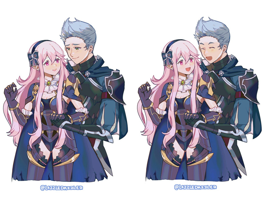 1boy 1girl armor commission corrin_(female)_(fire_emblem) corrin_(fire_emblem) couple fire_emblem fire_emblem_fates grey_eyes grey_hair hairband hetero highres pink_hair pointy_ears pomme_(lazzledazzle) red_eyes second-party_source silas_(fire_emblem)
