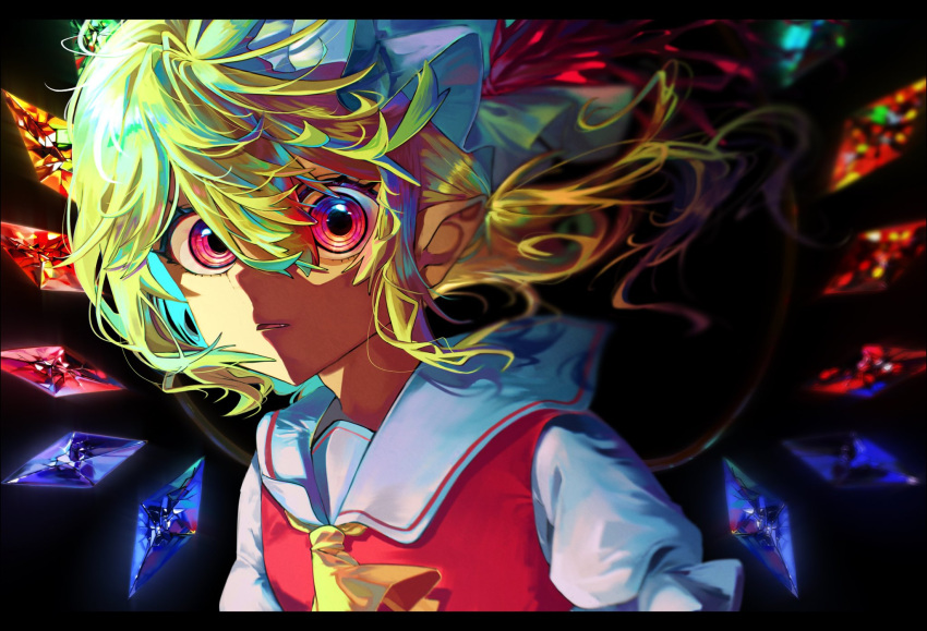1girl adapted_costume ascot crystal fang flandre_scarlet hair_between_eyes hat highres hiratsuki0523 letterboxed looking_at_viewer medium_hair mob_cap multicolored_wings open_mouth pointy_ears puffy_short_sleeves puffy_sleeves red_eyes red_vest sailor_collar shirt short_sleeves solo touhou upper_body vest white_headwear white_sailor_collar white_shirt wings yellow_ascot