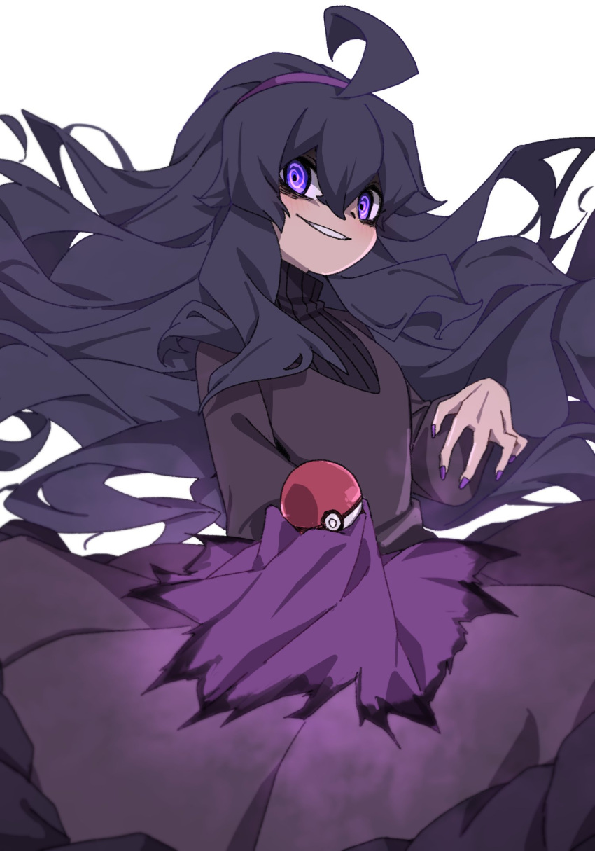 1girl @_@ ahoge bags_under_eyes black_hair cloth curly_hair dress floating_hair glowing grin hair_between_eyes hairband hex_maniac_(pokemon) highres holding holding_poke_ball long_hair long_sleeves looking_down nail_polish parted_lips poke_ball poke_ball_(basic) pokemon pokemon_(game) pokemon_xy purple_hairband purple_nails simple_background smile solo takoongyi violet_eyes white_background