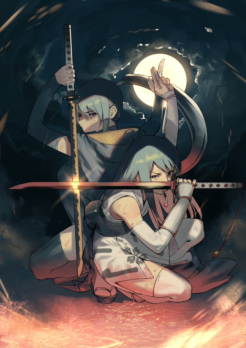 2girls absurdres arm_up arms_up black_hair black_thighhighs bukimi_isan elbow_gloves gloves grey_gloves grey_thighhighs highres holding holding_sword holding_weapon japanese_clothes katana long_hair moon mouth_hold multiple_girls night outdoors ponytail sandals shy_(series) siblings sisters sword tennouji_ai_(shy) tennouji_mai_(shy) thigh-highs weapon