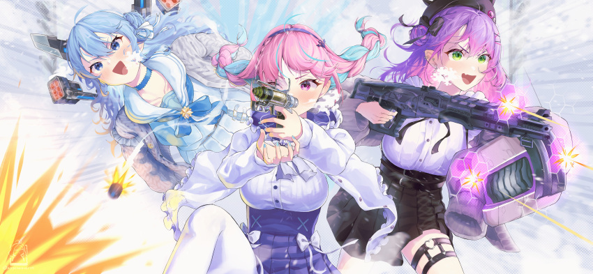 3girls :d absurdres aiming apex_legends aqua_hair aqua_nails b3_wingman black_skirt blue_choker blue_eyes blue_hair blue_skirt braid breasts buttons choker colored_inner_hair cosplay cowboy_shot earrings explosion finger_on_trigger fingernails firefight floating_hair flying gibraltar_(apex_legends) gibraltar_(apex_legends)_(cosplay) green_eyes gun hairband hat highres holding holding_gun holding_weapon hololive hoshimachi_suisei jacket jewelry long_hair long_sleeves looking_ahead m1904_mastiff mercs_(kapebeovorus) minato_aqua missile missile_pod multicolored_hair multiple_girls one_eye_closed open_clothes open_jacket open_mouth pantyhose pink_eyes pink_hair pleated_skirt purple_hair shirt skirt smile standing startend_(hololive) thigh_strap tokoyami_towa twin_braids two-tone_hair under_fire valkyrie_(apex_legends) valkyrie_(apex_legends)_(cosplay) violet_eyes virtual_youtuber weapon white_jacket white_pantyhose white_shirt wind