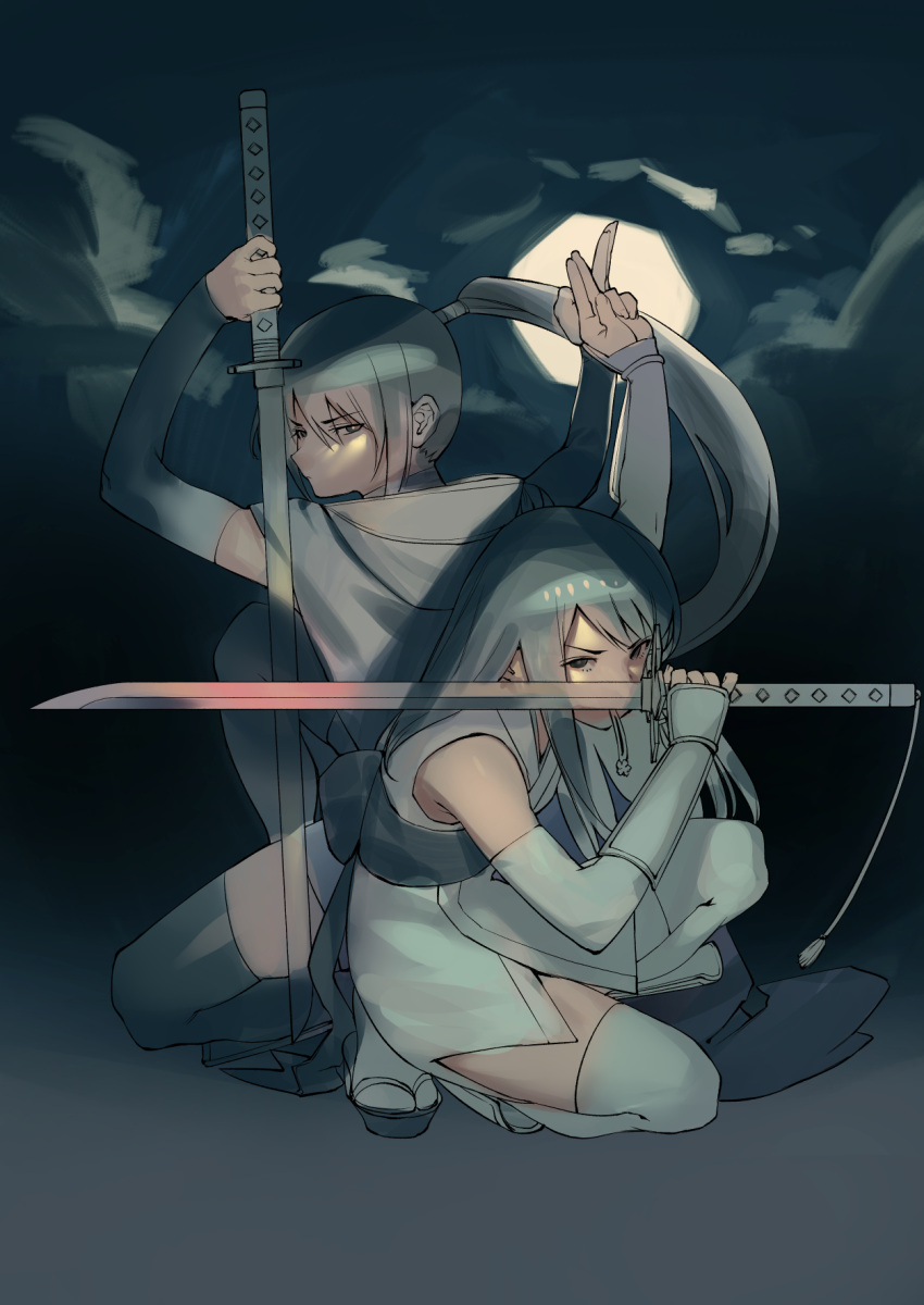 2girls arm_up arms_up black_hair black_thighhighs bukimi_isan elbow_gloves gloves grey_gloves grey_thighhighs highres holding holding_sword holding_weapon japanese_clothes katana long_hair moon mouth_hold multiple_girls night outdoors ponytail sandals shy_(series) siblings sisters sword tennouji_ai_(shy) tennouji_mai_(shy) thigh-highs unfinished weapon