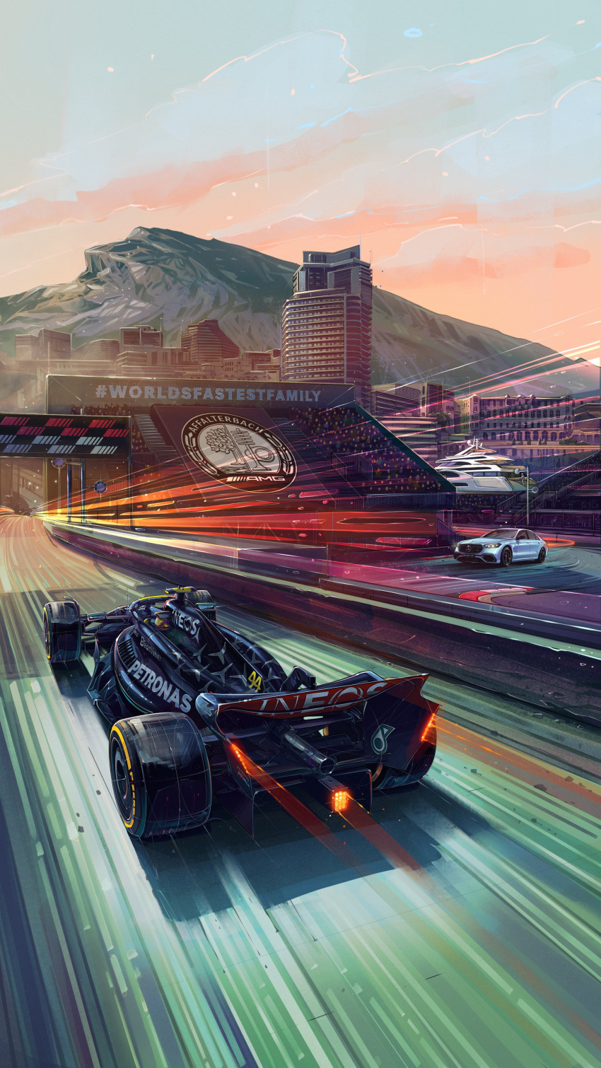 1boy absurdres andrew_mytro boat car crowd formula_one helmet highres lewis_hamilton light_trail monaco_(city) motion_blur motor_vehicle mountain official_art promotional_art real_life spoiler_(automobile) vehicle_focus watercraft yacht