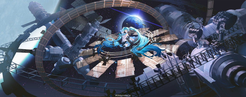 1girl :d absurdly_long_hair absurdres aqua_eyes aqua_hair aqua_necktie black_footwear black_skirt black_sleeves boots chinese_commentary collared_shirt commentary_request detached_sleeves earth_(planet) floating_hair hair_between_eyes hair_ornament hand_on_headset hatsune_miku headset highres in_orbit incredibly_absurdres long_hair looking_at_viewer microphone momodacat necktie open_mouth planet satellite shirt skirt sleeveless sleeveless_shirt smile solo space stage_lights star_(sky) teeth thigh_boots upper_teeth_only very_long_hair vocaloid weibo_logo weibo_username white_shirt wide_shot wide_sleeves
