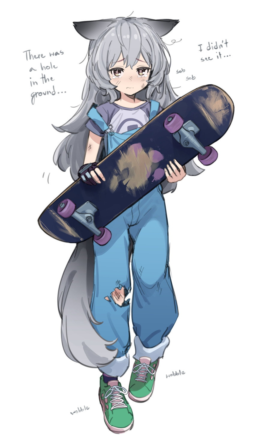 1girl absurdres animal_ears artist_request black_gloves blue_overalls brown_eyes fingerless_gloves fox_ears fox_girl fox_tail full_body gloves green_footwear grey_shirt highres injury jaana_kettu original overalls second-party_source shirt shoes short_sleeves single_glove skateboard solo standing strap_slip tail tears torn_clothes torn_overalls