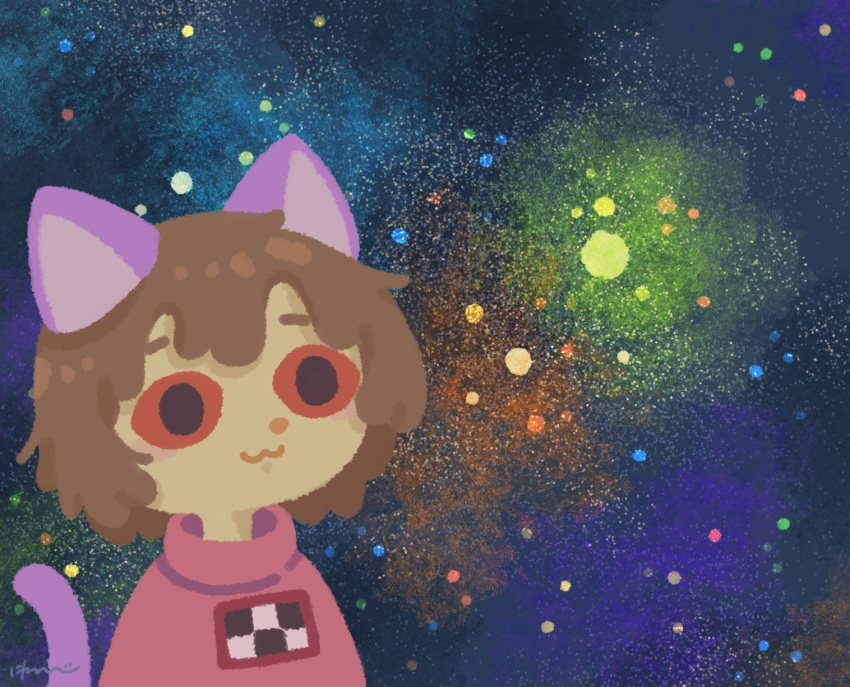 1girl :3 animal_ears black_eyes blank_stare brown_hair cat_ears cat_girl cat_tail closed_mouth colored_sclera commentary_request galaxy_background highres looking_ahead madotsuki meme niwasakino_daei pink_sweater portrait print_sweater red_sclera short_hair signature solo space space_cat_(meme) sweater tail turtleneck turtleneck_sweater yume_nikki