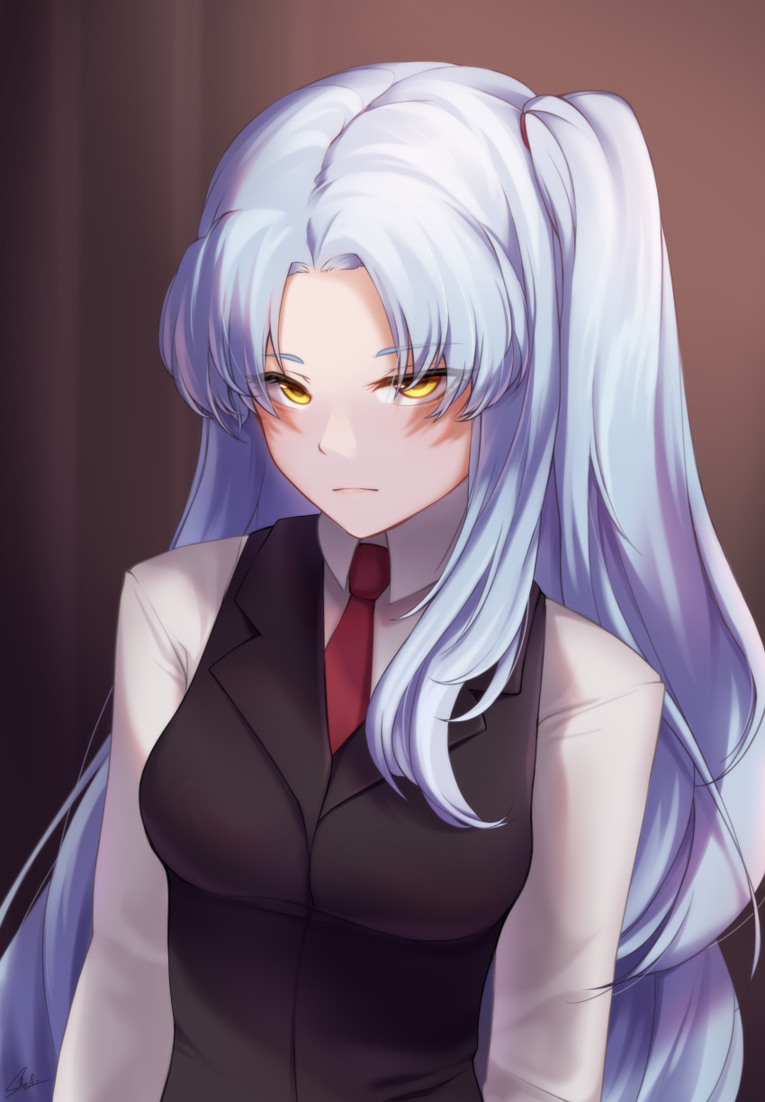 1girl absurdres angela_(project_moon) artist_name black_vest blue_hair breasts brown_background closed_mouth collared_shirt collared_vest english_commentary hair_ornament highres light_blue_hair lobotomy_corporation long_hair long_sleeves looking_at_viewer medium_breasts necktie one_side_up parted_bangs project_moon red_necktie shirt simple_background single_sidelock solo standing therealshelts vest white_shirt yellow_eyes
