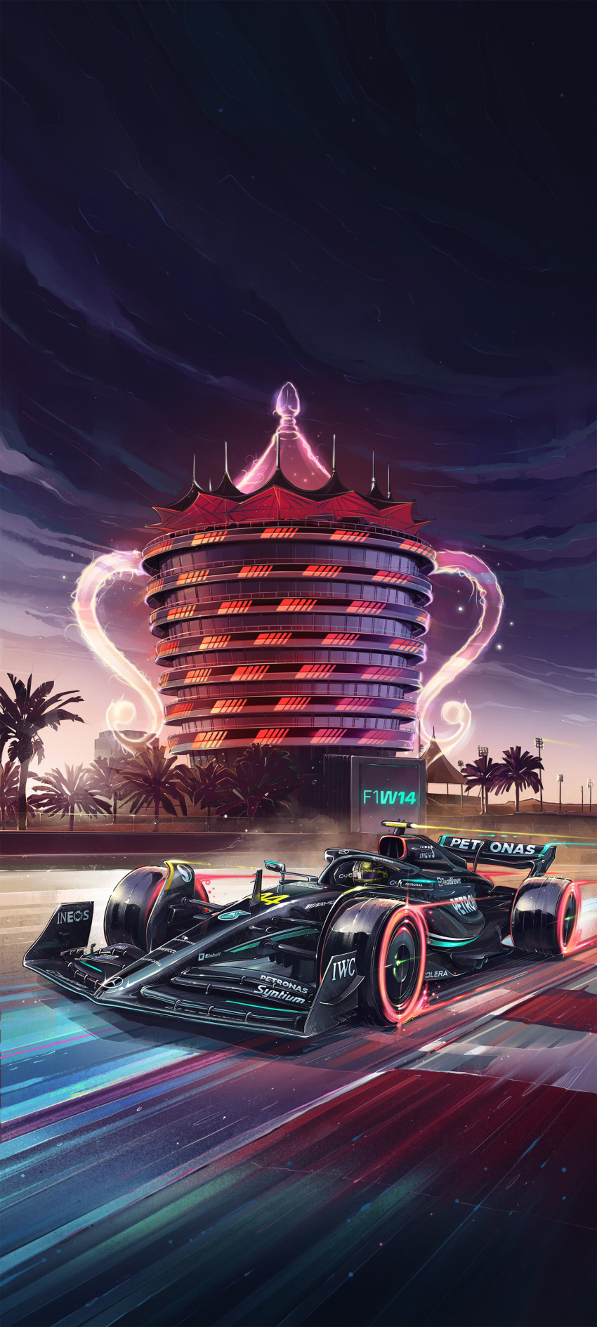 1boy absurdres andrew_mytro car driving english_commentary formula_one glowing helmet highres lewis_hamilton motion_blur motor_vehicle night night_sky official_art palm_tree promotional_art race_vehicle racecar real_life sky spoiler_(automobile) tree