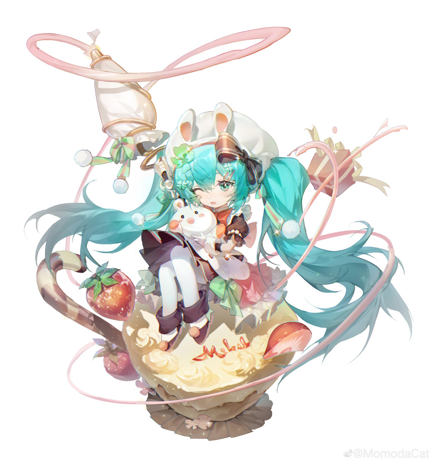 1girl absurdres apron aqua_eyes aqua_hair black_bow black_dress black_footwear blush bow bowtie box cake candy candy_cane chinese_commentary clover_hair_ornament commentary_request costume_request dress food fruit full_body gift gift_box green_bow hair_bow hair_ornament hat hatsune_miku highres holding holding_stuffed_toy long_hair looking_at_viewer momodacat one_eye_closed open_mouth pantyhose pastry_bag red_bow red_bowtie shoes simple_background solo strawberry stuffed_toy twintails very_long_hair vocaloid weibo_logo weibo_username white_apron white_background white_headwear white_pantyhose