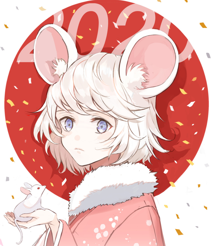1girl 2020 absurdres animal animal_ear_fluff animal_ears blue_eyes confetti expressionless happy_new_year highres holding holding_animal japanese_clothes kimono looking_at_viewer mouse mouse_ears mouse_girl nengajou new_year original pink_kimono short_hair solo_focus tail touchika upper_body white_hair