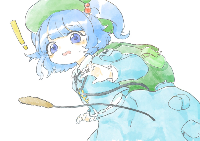 ! 1girl backpack bag blue_eyes blue_hair blue_shirt blue_skirt blunt_bangs cattail commentary_request flat_chest frilled_shirt_collar frills hair_bobbles hair_ornament hat highres kawashiro_nitori key open_mouth plant sanunu36 shirt short_hair simple_background skirt skirt_pocket skirt_set solo sweat touhou two_side_up white_background