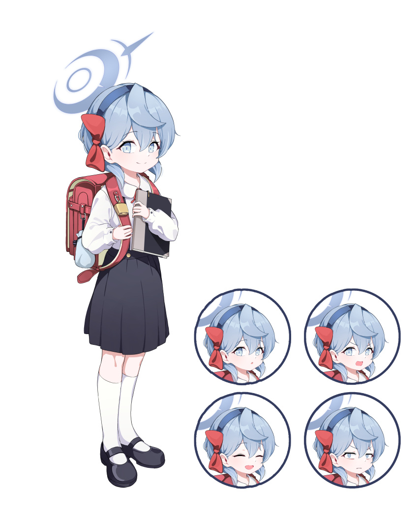 1girl :o =_= absurdres aged_down ako_(blue_archive) backpack bag bell black_footwear black_skirt blue_archive blue_eyes blue_hair bow_hairband closed_mouth collared_shirt expressions frown glaring hair_between_eyes hairband halo highres holding holding_notebook kneehighs long_sleeves looking_at_viewer mary_janes neck_ribbon notebook open_mouth randoseru ribbon shirt shirt_tucked_in shoes short_hair simple_background skirt smile socks split_mouth standing toombo12 white_background white_shirt white_socks
