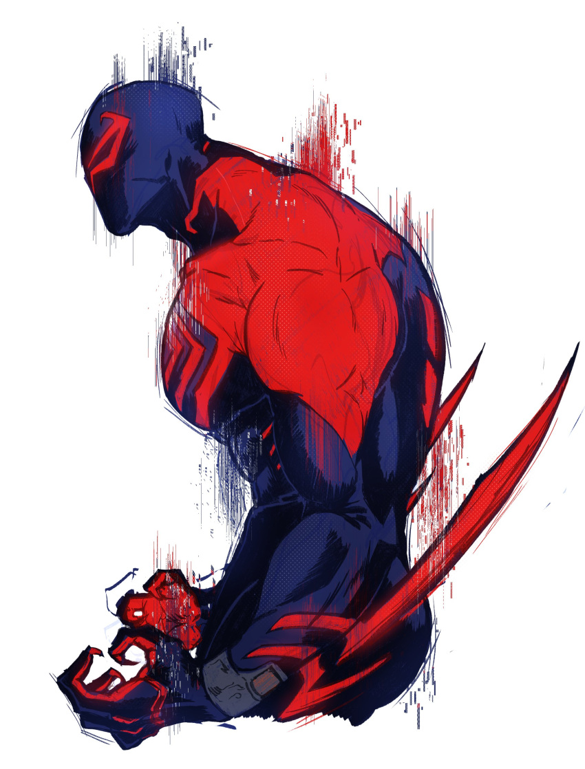 absurdres animal_print arm_blade blue_bodysuit blue_mask bodysuit broad_shoulders chamma_yohani glowing_bodysuit highres marvel miguel_o'hara muscular muscular_male print_bodysuit red_bodysuit skin_tight spider-man:_across_the_spider-verse spider-man_(2099) spider-man_(series) spider_print superhero two-tone_bodysuit weapon