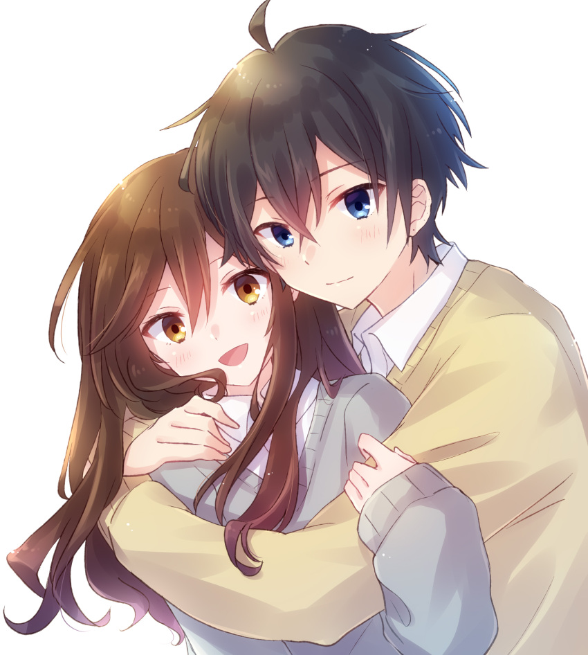 :d ahoge black_hair blue_eyes blush brown_hair closed_mouth collared_shirt commentary couple grey_sweater hand_on_another's_arm hand_on_another's_shoulder hetero highres hori-san_to_miyamura-kun hori_kyouko hug long_hair long_sleeves looking_at_viewer miyamura_izumi nyaa_(nnekoron) open_mouth orange_eyes school_uniform shirt short_hair simple_background smile sweater white_background