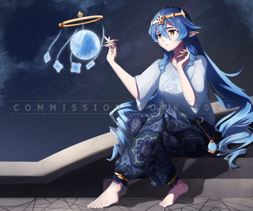 1girl :o ahrara alternate_costume anklet baggy_pants barefoot blue_hair blue_sleeves bright_pupils casual claw_ring commission commission_watermark commissioner_upload contemporary diadem drill_hair feet full_body genshin_impact hair_between_eyes hair_ornament highres jewelry layla_(genshin_impact) long_hair night open_mouth outdoors pants parted_lips pointy_ears shirt sitting sitting_on_stairs sky solo stairs star_(sky) starry_sky stone_floor t-shirt toenails toes very_long_hair vision_(genshin_impact) white_pupils wide_sleeves