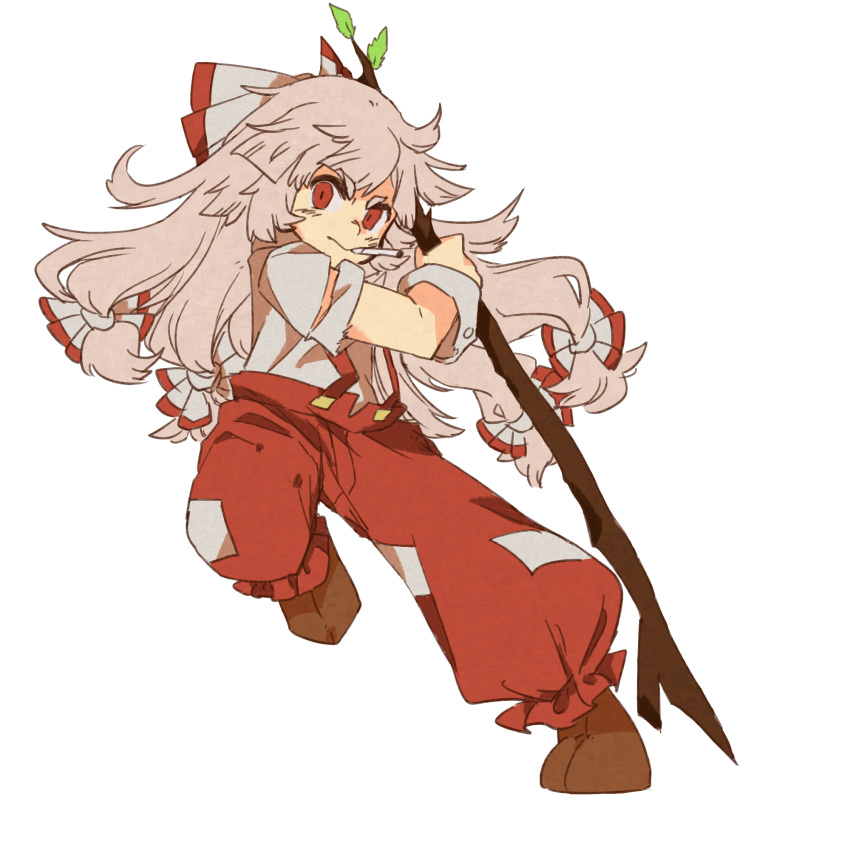 1girl blush_stickers bow branch brown_footwear cigarette english_commentary ezier frilled_pants frills fujiwara_no_mokou hair_bow highres holding holding_branch leg_up long_hair looking_at_viewer multiple_hair_bows ofuda ofuda_on_clothes pants puffy_pants puffy_short_sleeves puffy_sleeves red_eyes red_pants red_trim shirt shoes short_sleeves suspenders thick_eyebrows torn_clothes touhou v-shaped_eyebrows very_long_hair wavy_mouth white_background white_bow white_hair white_shirt white_wrist_cuffs