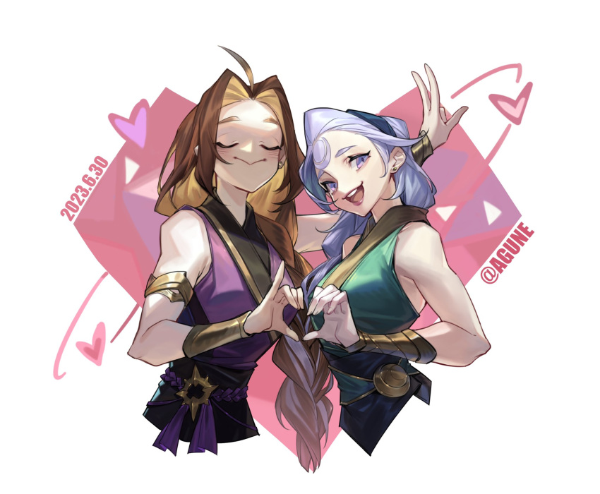 2girls :&gt; :d agune_p ahoge alternate_costume arm_up bare_shoulders black_hairband blush braid braided_ponytail breasts brown_hair chinese_clothes closed_eyes closed_mouth cropped_torso dated diana_(league_of_legends) earrings facial_mark forehead_mark hairband heart heart_hands highres jewelry large_breasts league_of_legends leona_(league_of_legends) long_hair multiple_girls parted_bangs pink_eyes smile teeth upper_body upper_teeth_only