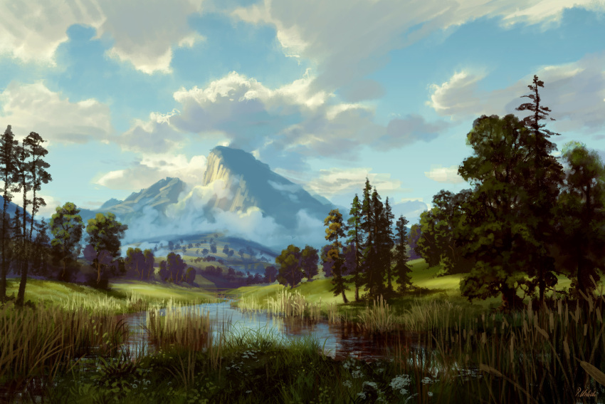 absurdres clouds cloudy_sky day flower grass highres hill landscape mountain mountainous_horizon nature no_humans original outdoors philipp_urlich pine_tree plant reflection reflective_water river riverbank scenery shade shallow_water sky sunlight tree tree_shade water