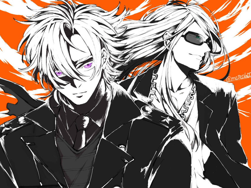 artist_name black_coat black_jacket blonde_hair blue_eyes coat collarbone daybit_sem_void fate/grand_order fate_(series) highres jacket jewelry long_hair looking_at_viewer looking_to_the_side male_focus meteola00 monochrome multiple_boys necklace open_clothes open_jacket shirt short_hair sunglasses tezcatlipoca_(fate) trench_coat upper_body violet_eyes white_shirt