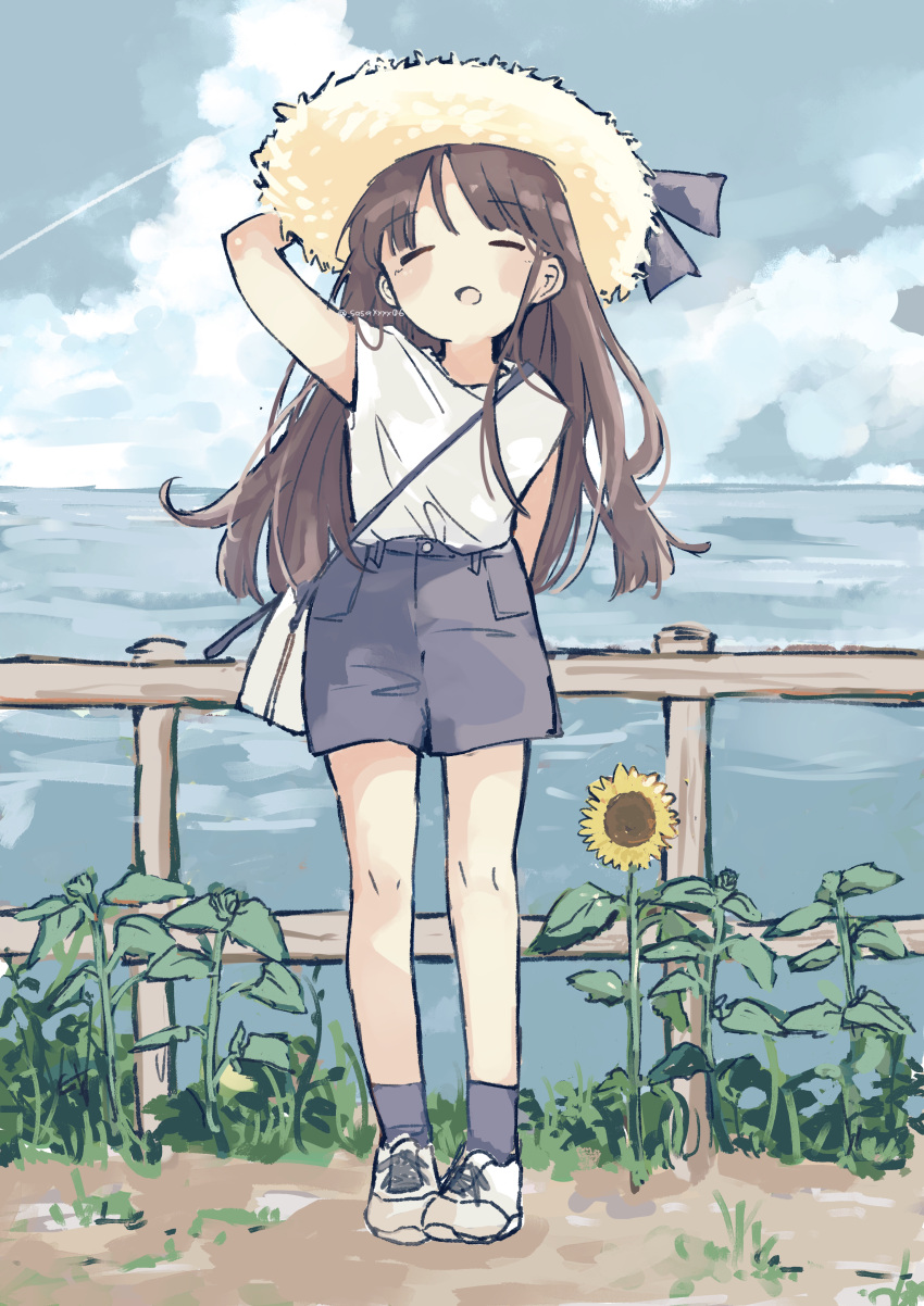 1girl absurdres arm_behind_back black_hair blush_stickers closed_eyes clouds cloudy_sky cumulonimbus_cloud day fence flower full_body grass grey_socks ground hat highres long_hair open_mouth original outdoors sasaxxxx06 shirt shoes shorts sky sleeveless sleeveless_shirt sneakers socks solo standing straw_hat sunflower twitter_username water white_shirt wooden_fence
