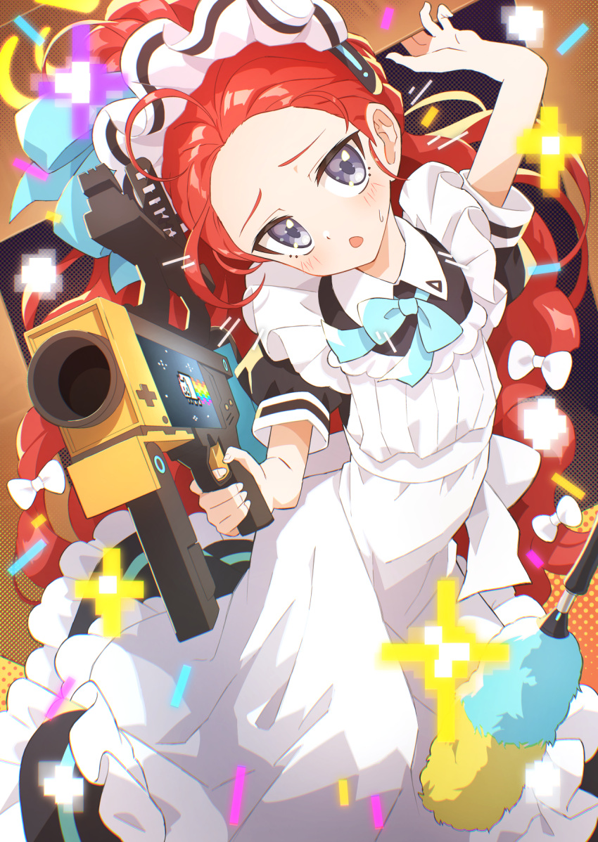 1girl aiming aiming_at_viewer apron arm_up black_dress blue_archive blue_bow blue_bowtie blush bow bowtie collared_dress commentary dress duster feet_out_of_frame forehead frilled_apron frills fuji_tarawi gun hair_bow hair_pulled_back highres holding holding_gun holding_weapon maid maid_apron maid_headdress multiple_hair_bows official_alternate_costume parted_lips ponytail puffy_short_sleeves puffy_sleeves redhead revision short_sleeves solo violet_eyes weapon white_apron white_bow yuzu_(blue_archive) yuzu_(maid)_(blue_archive)