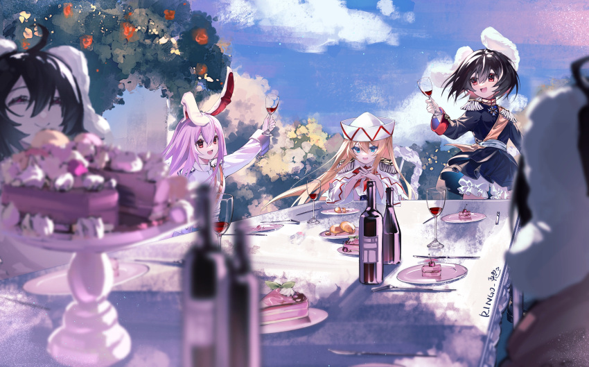 5girls absurdres alcohol animal_ears black_hair blonde_hair bloomers blue_eyes bottle cake cake_slice capelet cherry chinese_commentary cup day dress drinking_glass epaulettes food fruit hair_between_eyes hat highres holding holding_cup inaba_mob_(touhou) inaba_tewi lily_white long_hair long_sleeves military_uniform multiple_girls open_mouth outdoors purple_hair rabbit_ears red_eyes reisen_udongein_inaba ringo_no_usagi_(artist) shirt short_hair signature smile touhou underwear uniform white_bloomers white_capelet white_dress white_headwear white_shirt wide_sleeves wine wine_bottle wine_glass