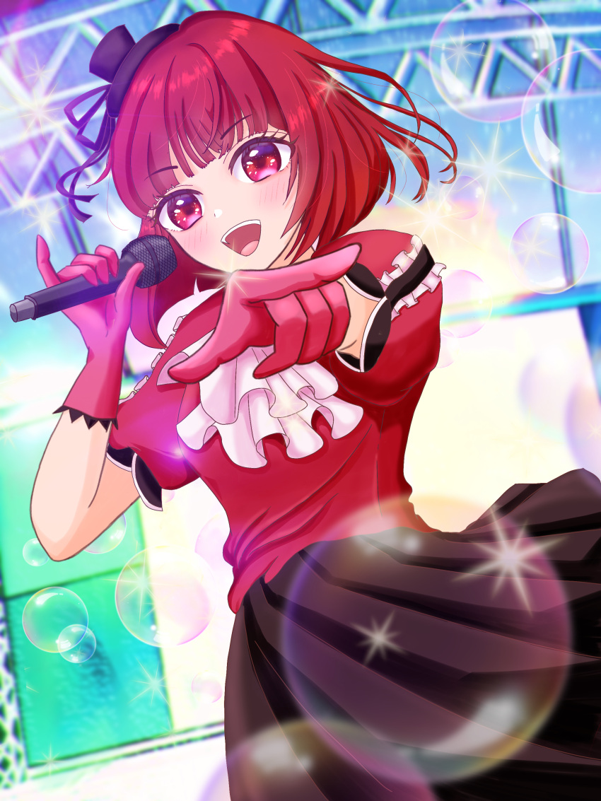1girl :d absurdres arima_kana ascot black_skirt blunt_bangs blush bob_cut bubble commentary_request cowboy_shot floating_hair gloves hat highres holding holding_microphone idol idol_clothes inverted_bob looking_at_viewer maarin_(59567861) medium_hair microphone mini_hat no_pupils open_mouth oshi_no_ko pink_gloves pleated_skirt pointing pointing_at_viewer puffy_short_sleeves puffy_sleeves red_eyes red_shirt redhead shirt short_sleeves skirt smile solo sparkle stage_lights teeth upper_teeth_only white_ascot