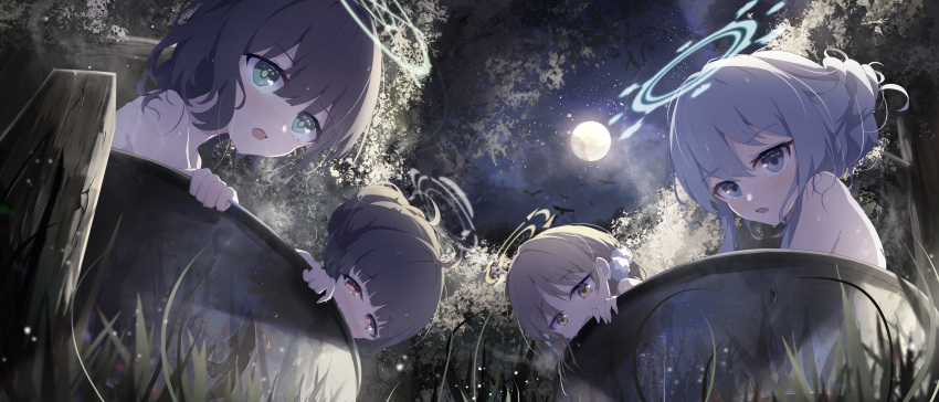 4girls absurdres barrel bathing blue_archive blunt_bangs commentary_request full_moon grass green_eyes grey_eyes hair_bun halo highres looking_at_viewer miyako_(blue_archive) miyu_(blue_archive) moe_(blue_archive) moon multiple_girls night night_sky outdoors partially_submerged rabbit_platoon_(blue_archive) saki_(blue_archive) shared_bathing shi3 single_hair_bun sky swept_bangs tree wet yellow_eyes