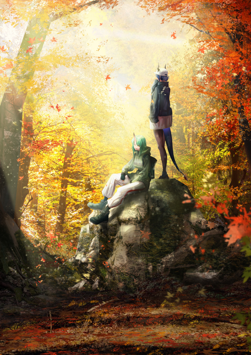 2girls absurdres alternate_costume arknights autumn autumn_leaves baseball_cap blue_hair ch'en_(arknights) commentary_request dragon_girl dragon_horns dragon_tail green_hair gyoukan_(jfxc) hat highres horns hoshiguma_(arknights) jacket long_hair long_sleeves multiple_girls nature oni pants pantyhose scenery single_horn sitting tail tree yellow_eyes