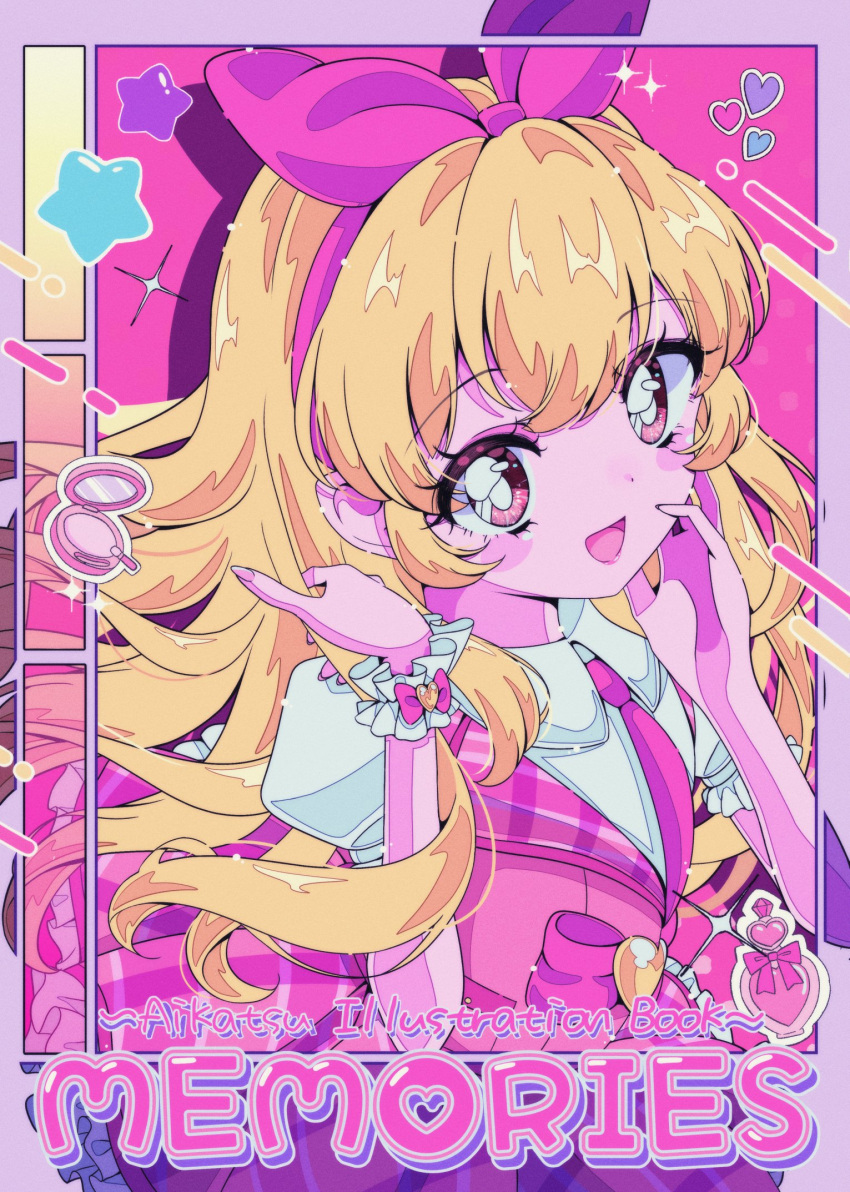 1girl :d aikatsu! aikatsu!_(series) blonde_hair blush bottle bow collared_shirt commentary_request cover cover_page frilled_skirt frills hair_bow hand_on_own_face heart highres hoshimiya_ichigo lipstick long_hair looking_at_viewer makeup milon_cas necktie open_mouth perfume_bottle pink_necktie pink_skirt pink_vest puffy_short_sleeves puffy_sleeves shirt short_sleeves skirt smile solo sparkle star_(symbol) vest white_shirt