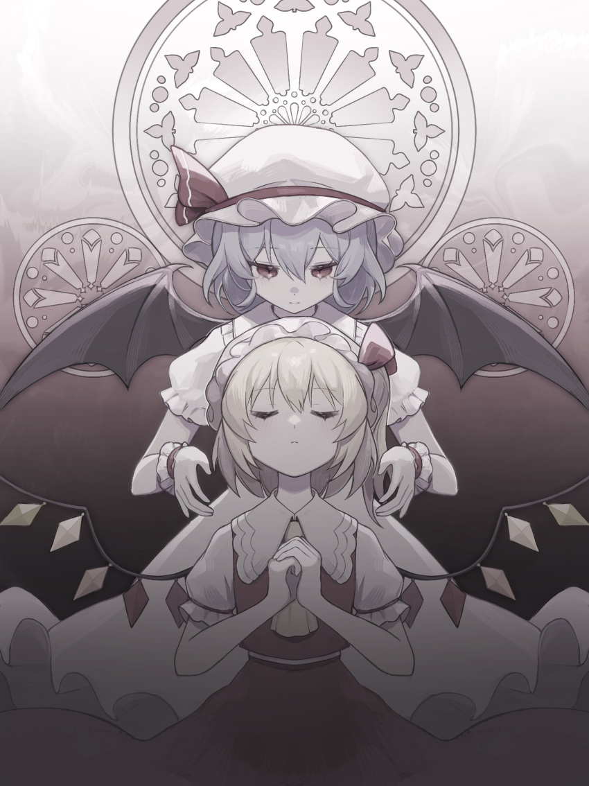 2girls bat_wings blonde_hair blue_hair closed_eyes closed_mouth crystal dress facing_viewer flandre_scarlet frilled_sleeves frills hat hat_ribbon highres long_hair looking_at_another medium_hair mob_cap multiple_girls muted_color own_hands_together puffy_short_sleeves puffy_sleeves rcs_4 red_eyes red_ribbon red_skirt red_vest remilia_scarlet ribbon short_sleeves siblings sisters skirt touhou vest white_dress white_headwear wings wrist_cuffs