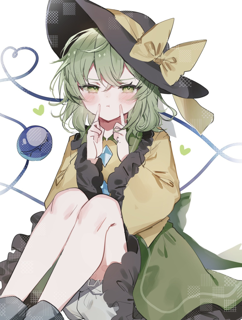 1girl black_headwear bloomers blush closed_mouth collared_shirt feet_out_of_frame frilled_shirt_collar frilled_skirt frilled_sleeves frills green_eyes green_hair green_skirt hair_between_eyes hat hat_ribbon heart heart_of_string highres index_fingers_raised komeiji_koishi long_sleeves looking_at_viewer pout ribbon shirt short_hair simple_background skirt solo sorani_(kaeru0768) third_eye touhou underwear white_background white_bloomers wide_sleeves yellow_ribbon yellow_shirt