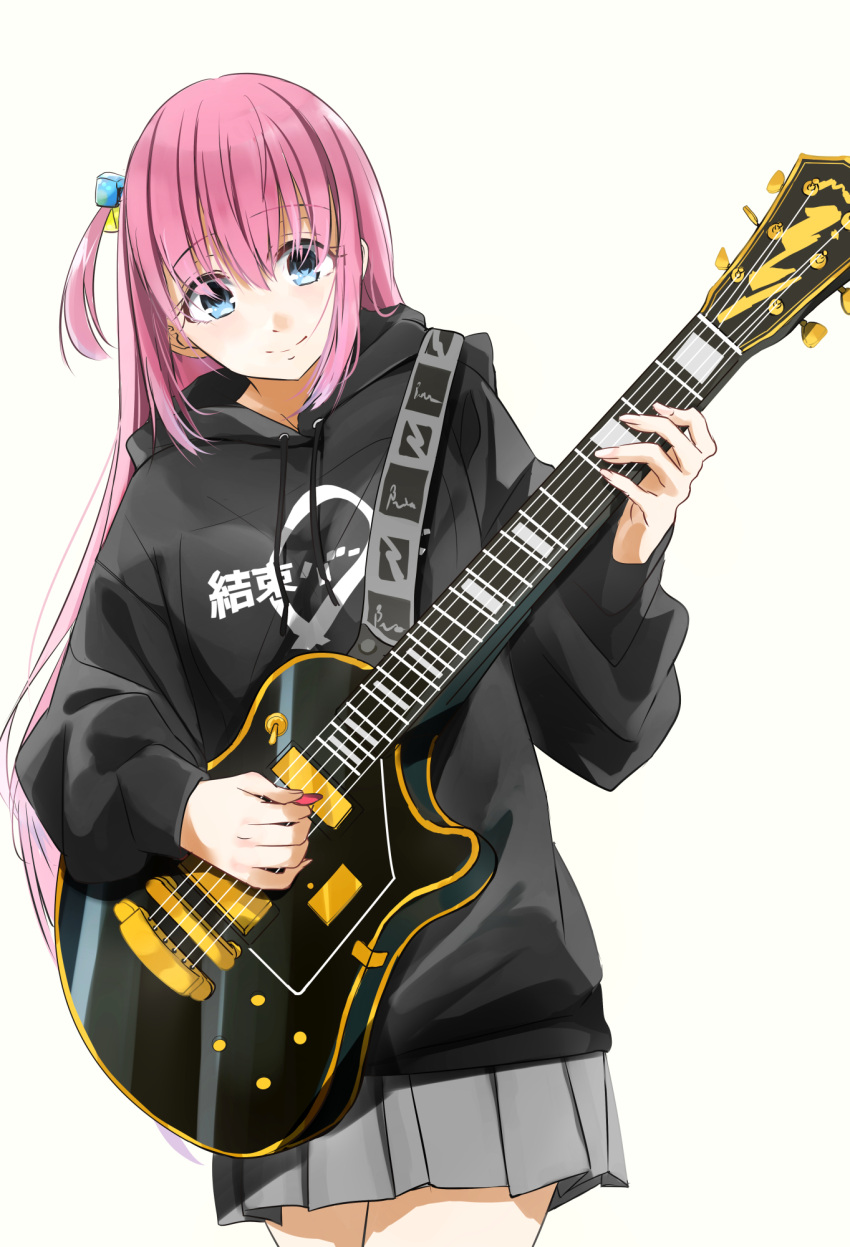 1girl black_hoodie blue_eyes bocchi_the_rock! closed_mouth commentary_request cowboy_shot cube_hair_ornament electric_guitar gotou_hitori grey_skirt guitar hair_between_eyes hair_ornament highres holding holding_instrument hood hoodie instrument kessoku_band_hoodie_(bocchi_the_rock!) kessoku_band_logo long_hair long_sleeves music one_side_up partial_commentary pink_hair playing_instrument pleated_skirt plectrum sidelocks simple_background skirt smile solo soragane_(banisinngurei) white_background