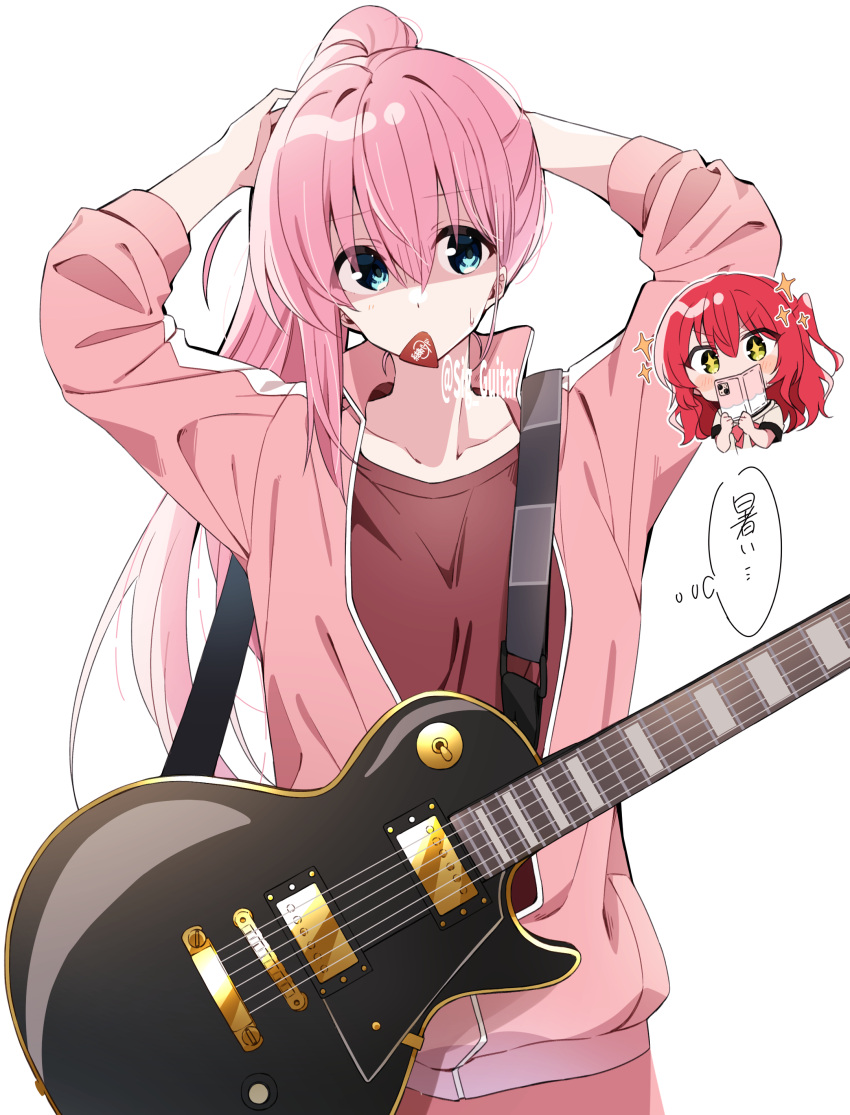 2girls absurdres adjusting_hair blue_eyes blush bocchi_the_rock! cellphone collarbone electric_guitar gotou_hitori green_eyes guitar hair_between_eyes highres holding holding_phone instrument jacket kita_ikuyo long_hair long_sleeves mouth_hold multiple_girls one_eye_closed one_side_up phone pink_hair pink_jacket redhead shigure_(sigre) simple_background smartphone speech_bubble track_jacket translation_request white_background