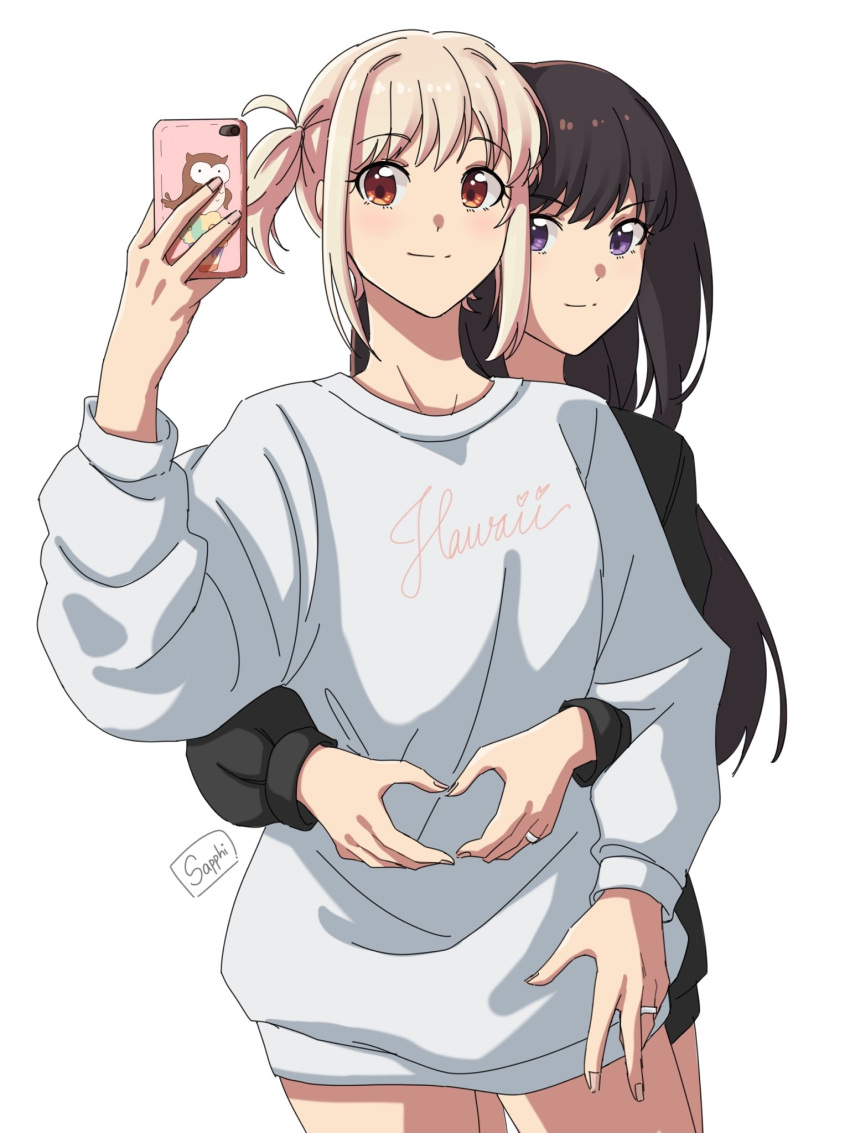 2girls artist_name black_hair black_sweater blonde_hair cellphone closed_mouth clothes_writing commentary couple cowboy_shot english_commentary heart heart_hands highres holding holding_phone inoue_takina jewelry kuromahikaren long_hair long_sleeves looking_at_viewer lycoris_recoil multiple_girls nishikigi_chisato one_side_up phone puffy_sleeves red_eyes ring short_hair sidelocks simple_background smartphone smartphone_case smile sweater taking_picture violet_eyes wedding_ring white_background white_sweater yuri