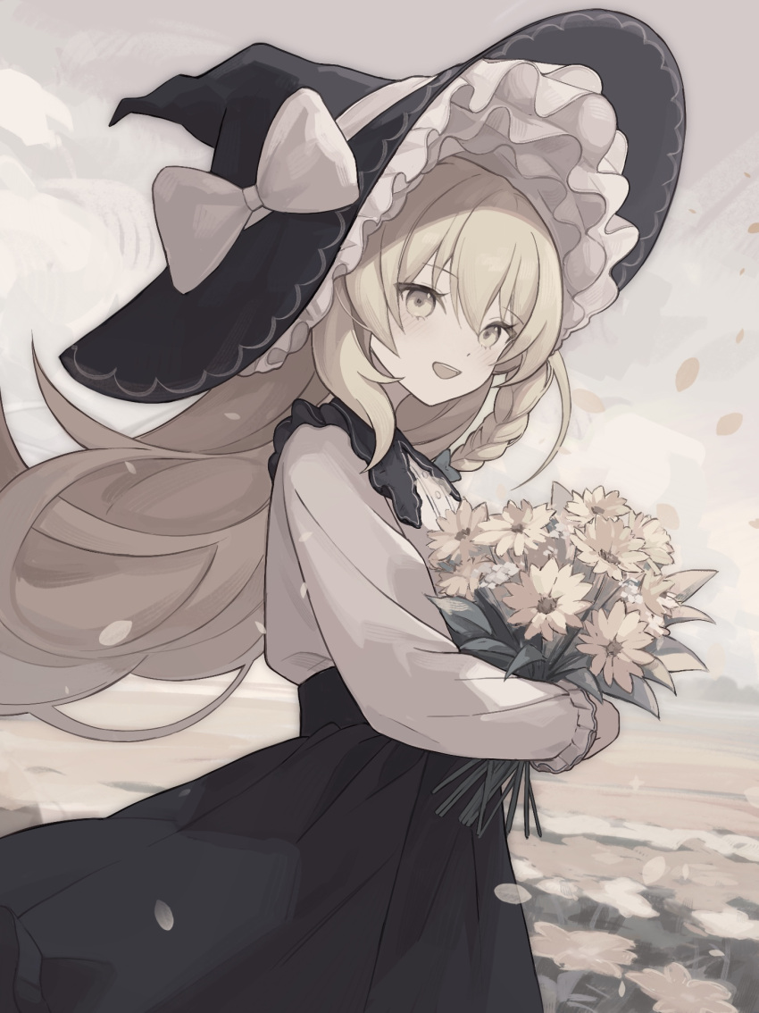 1girl black_headwear black_skirt blonde_hair bouquet bow braid cowboy_shot hat hat_bow highres holding holding_bouquet kirisame_marisa long_hair long_sleeves looking_at_viewer muted_color open_mouth outdoors rcs_4 shirt single_braid skirt solo touhou very_long_hair white_bow white_shirt witch_hat yellow_eyes