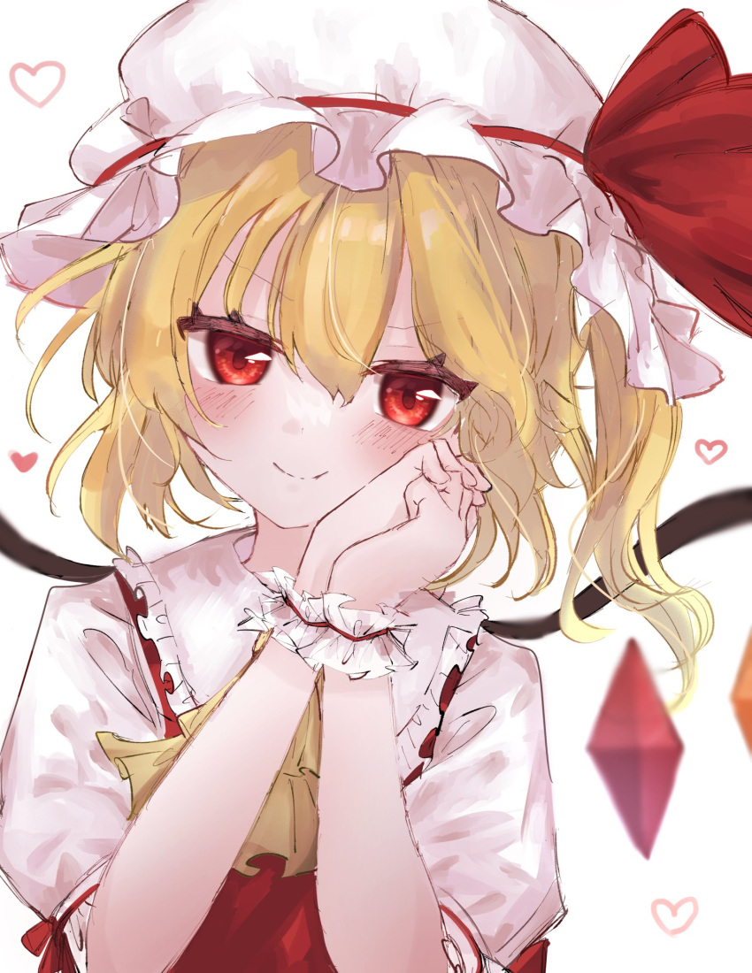 1girl ascot blonde_hair blush closed_mouth commentary_request flandre_scarlet flat_chest hair_between_eyes hands_up hat heart highres looking_at_viewer mob_cap one_side_up own_hands_together portrait puffy_short_sleeves puffy_sleeves purumeria_36 red_eyes red_vest short_sleeves simple_background smile solo straight-on touhou upper_body v-shaped_eyebrows vest white_background wrist_cuffs yellow_ascot