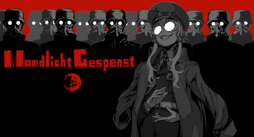 1girl 6+others absurdres aiguillette alternate_costume ambiguous_gender belt clapping coat coat_on_shoulders collared_shirt combat_helmet commentary cowboy_shot crescent_moon cross crowd evil_grin evil_smile facing_viewer german_text glasses gloves greyscale_with_colored_background grin hat helmet high_collar highres iron_cross lineup long_sleeves military_jacket military_uniform moon multiple_others nazi necktie opaque_glasses peaked_cap recurring_image red_background respirator round_eyewear shirt short_hair_with_long_locks skull_in_moon smile soldier stahlhelm tmasyumaro translation_request uniform vocaloid voiceroid yuzuki_yukari