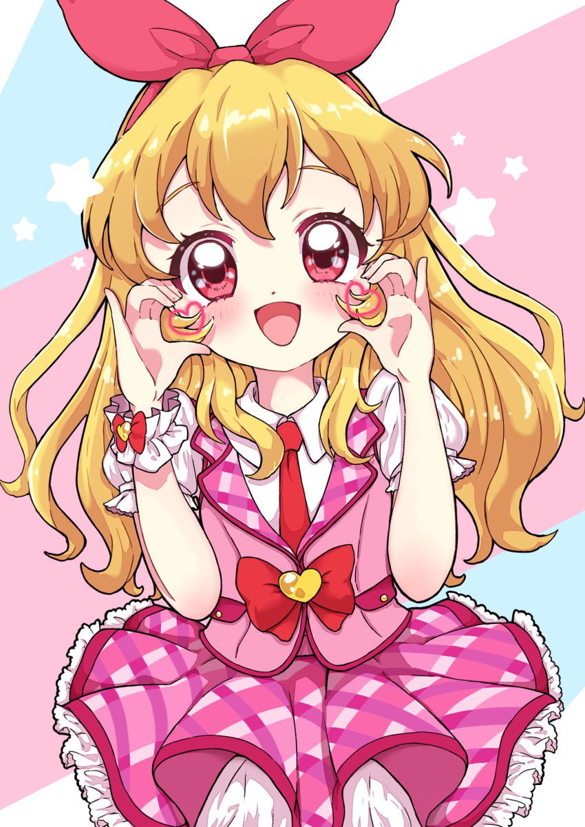 1girl :d aikatsu! aikatsu!_(series) blonde_hair blush bow commentary frilled_skirt frills hair_bow hairband hands_up heart highres hoshimiya_ichigo idol_clothes long_hair looking_at_viewer mrh_maruhi necktie open_mouth pink_skirt pink_vest puffy_short_sleeves puffy_sleeves red_bow red_eyes red_hairband red_necktie shirt short_sleeves skirt smile solo star_(symbol) symbol-only_commentary vest white_shirt wrist_cuffs