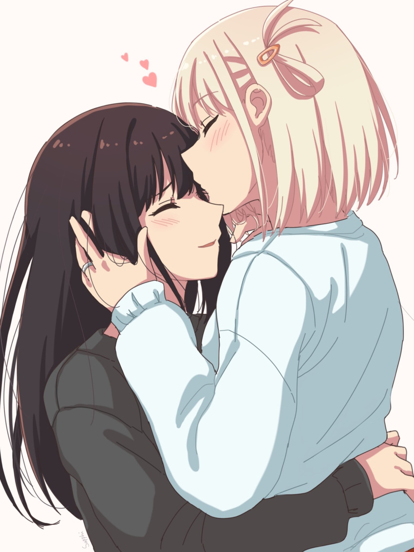 2girls artist_name black_sweater blonde_hair blue_sweater blush closed_eyes commentary couple hair_ornament hairclip hand_in_another's_hair heart highres hug inoue_takina jewelry kiss kissing_forehead kuromahikaren long_hair long_sleeves lycoris_recoil multiple_girls nishikigi_chisato one_side_up parted_lips puffy_sleeves ring short_hair sidelocks simple_background spoken_heart sweater wedding_ring white_background yuri