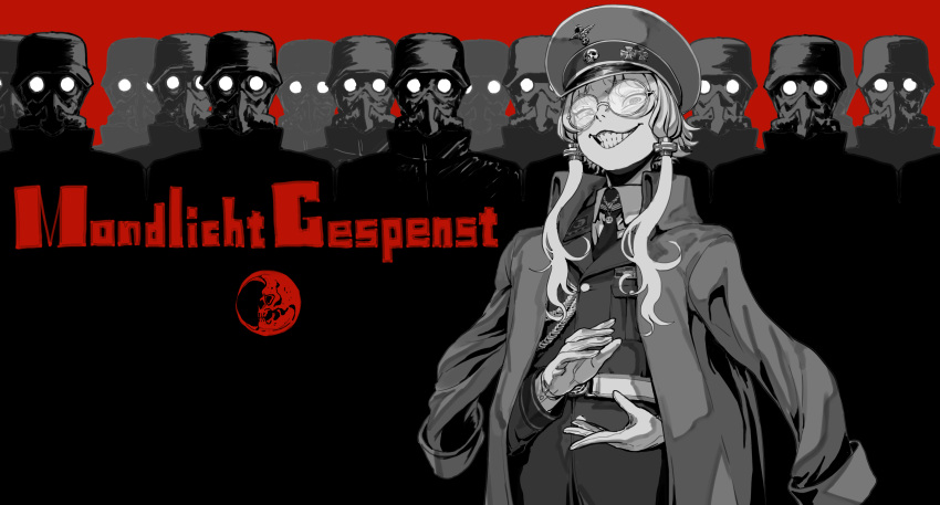1girl 6+others absurdres aiguillette alternate_costume ambiguous_gender belt clapping coat coat_on_shoulders collared_shirt combat_helmet commentary cowboy_shot crazy_eyes crescent_moon cross crowd evil_grin evil_smile facing_viewer german_text glasses gloves greyscale_with_colored_background grin half-closed_eyes hat helmet high_collar highres iron_cross lineup long_sleeves looking_at_viewer military_jacket military_uniform moon multiple_others nazi necktie peaked_cap recurring_image red_background respirator round_eyewear shirt short_hair_with_long_locks skull_in_moon smile soldier stahlhelm tmasyumaro translation_request uniform vocaloid voiceroid yuzuki_yukari