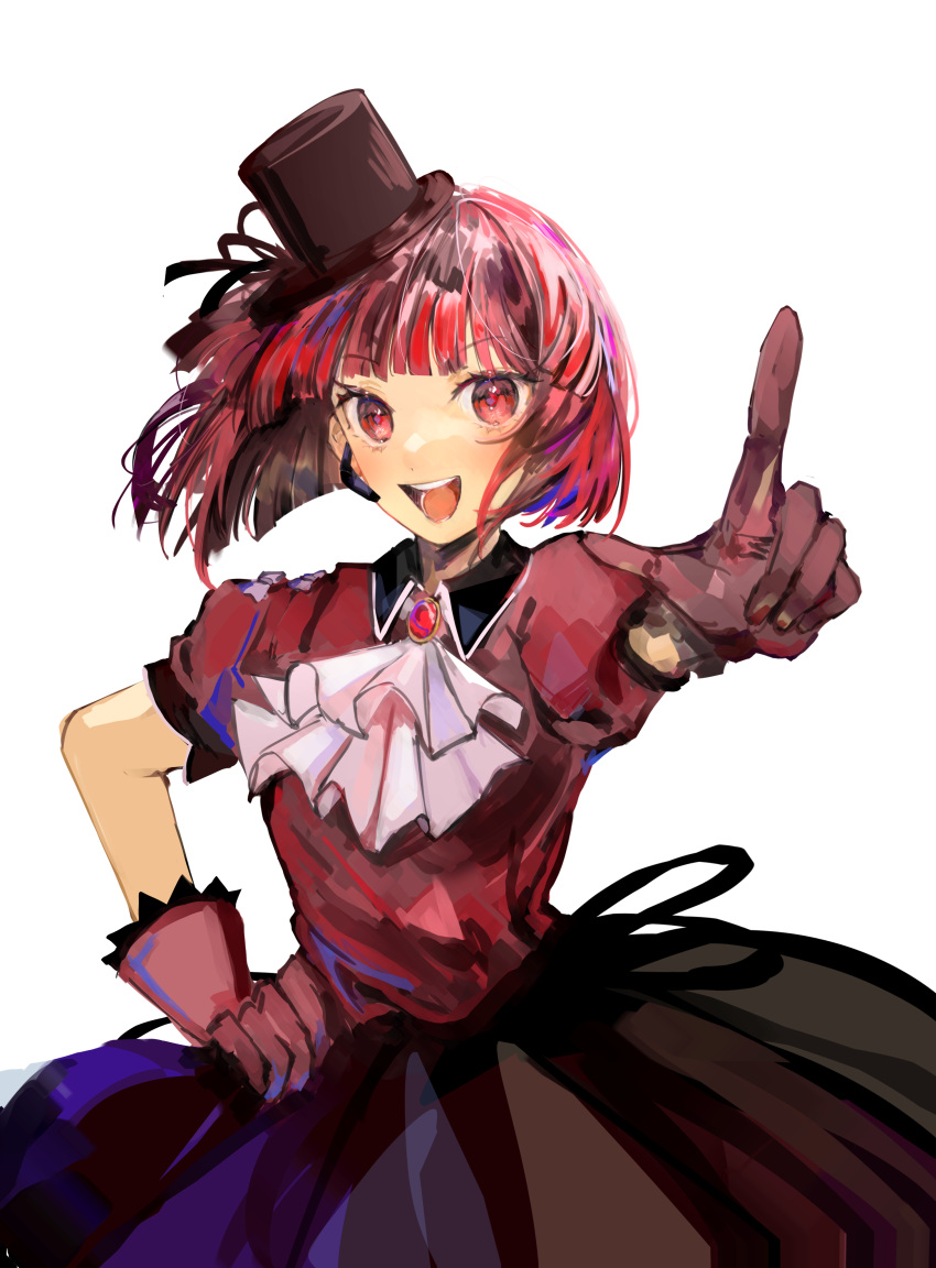 1girl :d absurdres arima_kana ascot black_skirt blunt_bangs bob_cut collared_shirt cowboy_shot earpiece floating_hair gloves hat highres idol inverted_bob looking_at_viewer medium_hair mini_hat open_mouth oshi_no_ko penguin_(penguin38988638) pink_gloves pleated_skirt pointing pointing_at_viewer puffy_short_sleeves puffy_sleeves red_brooch red_eyes red_shirt redhead shirt short_sleeves simple_background skirt smile solo teeth variant_set white_ascot white_background