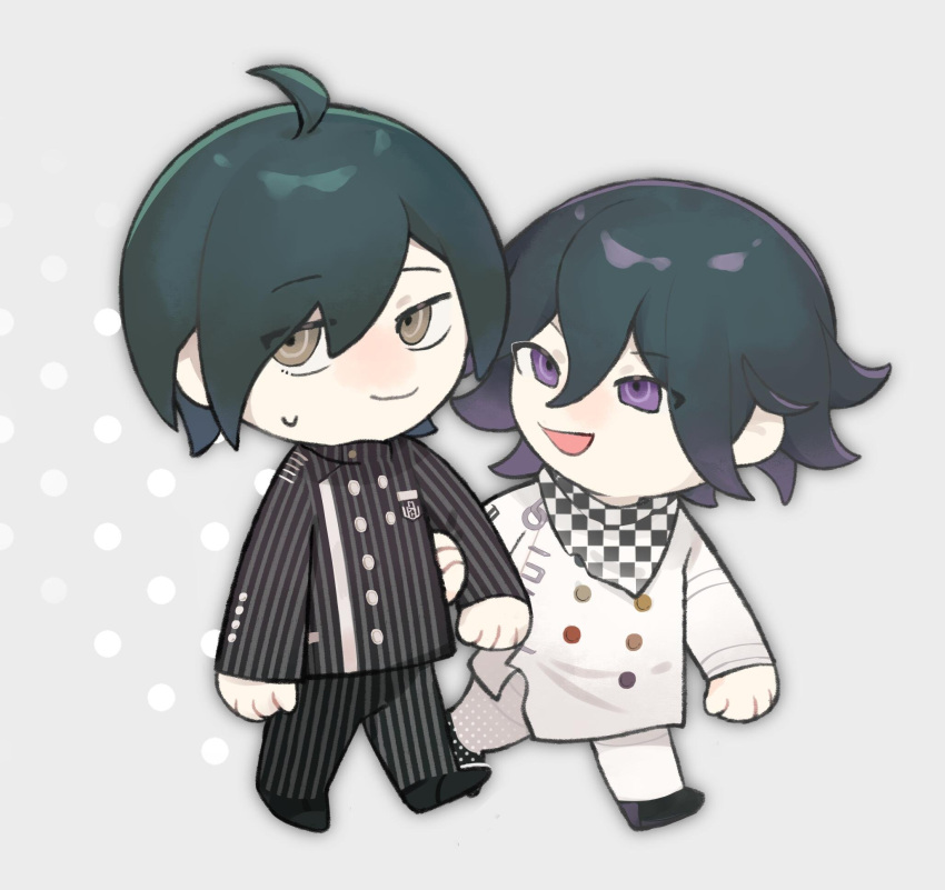 2boys :d ahoge black_footwear black_hair brown_eyes buttons checkered_clothes checkered_scarf chibi closed_mouth danganronpa_(series) danganronpa_v3:_killing_harmony double-breasted full_body grabbing_another's_arm hair_between_eyes highres jacket liulei_ri_ri_tou long_sleeves male_focus multiple_boys oma_kokichi open_mouth pants saihara_shuichi scarf short_hair simple_background smile striped striped_jacket striped_pants sweatdrop violet_eyes white_background white_jacket white_pants