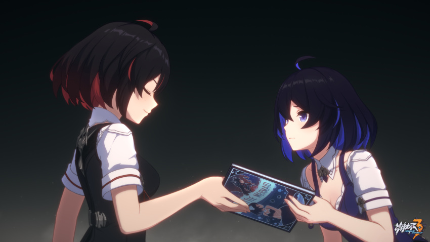 2girls absurdres black_hair blue_eyes blue_hair book breasts chinese_commentary closed_eyes closed_mouth colored_inner_hair dual_persona furrowed_brow highres holding holding_book honkai_(series) honkai_impact_3rd logo looking_at_another multicolored_hair multiple_girls official_alternate_costume official_art official_wallpaper redhead seele_(alter_ego) seele_vollerei seele_vollerei_(swallowtail_phantasm) simple_background small_breasts smile standing the_little_mermaid upper_body white_sleeves